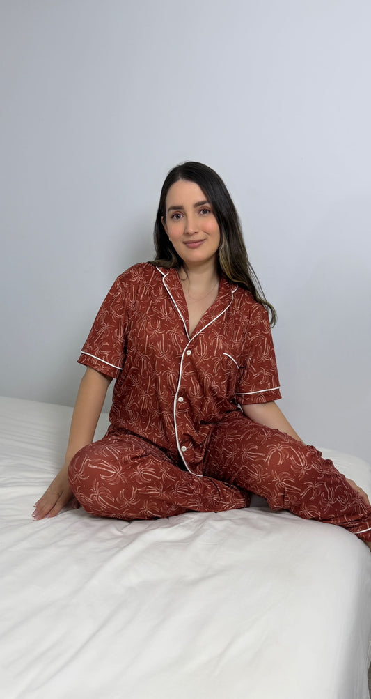 PIJAMA EN ALGODON PANTALON LARGO | TERRACOTA
