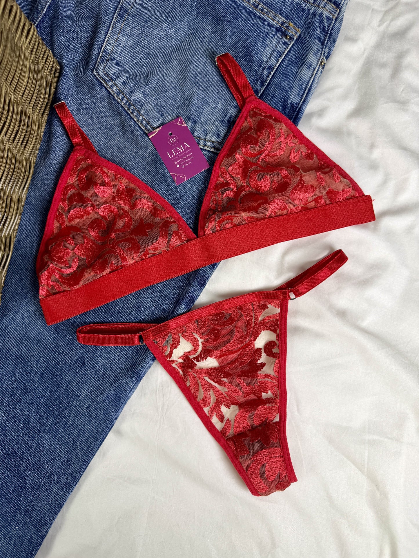 CONJUNTO LENCERIA ENCAJE BORDADO | MELI | TRE COLORES