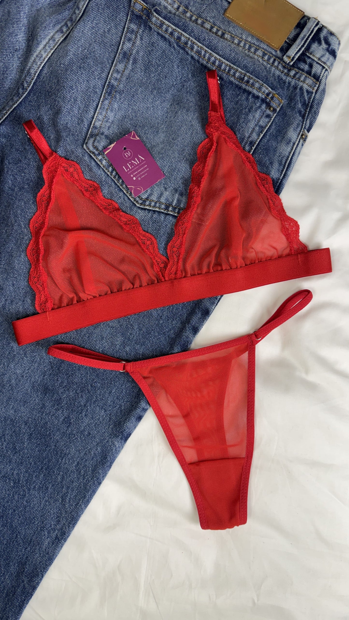 CONJUNTO LENCERIA EN MALLATEX | HILO ROJO 678