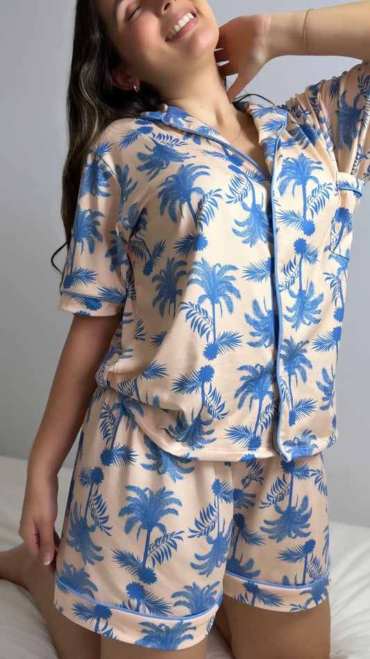 PIJAMA EN ALGODON SHORT | AZUL CREMA