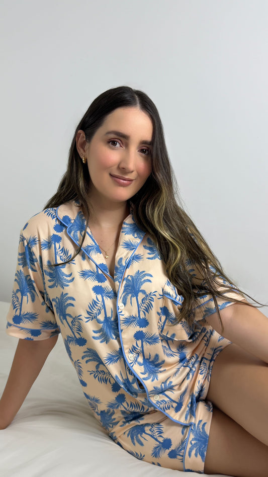 PIJAMA EN ALGODON SHORT | AZUL CREMA