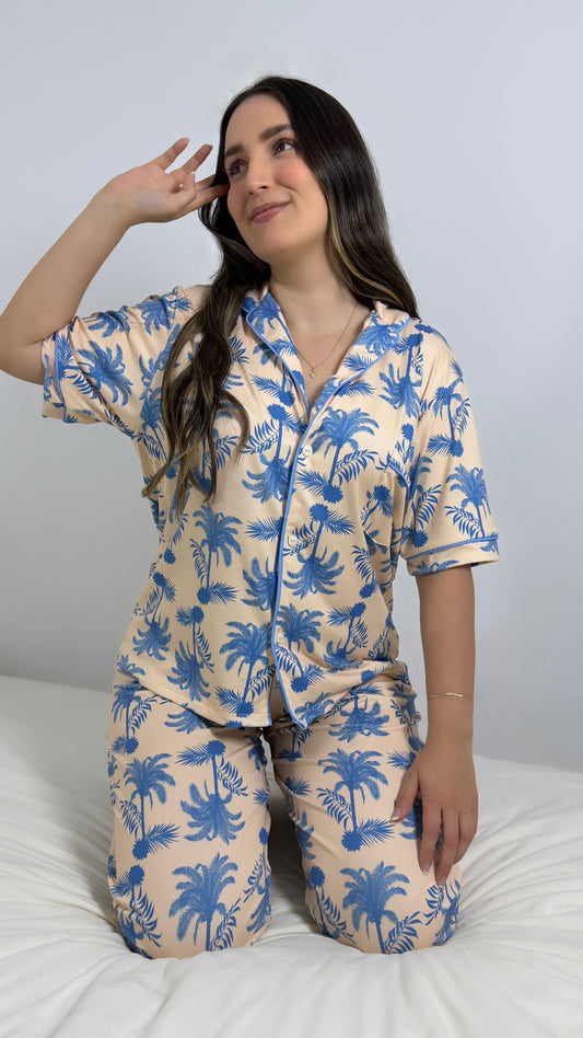 PIJAMA EN ALGODON PANTALON LARGO | AZUL CREMA