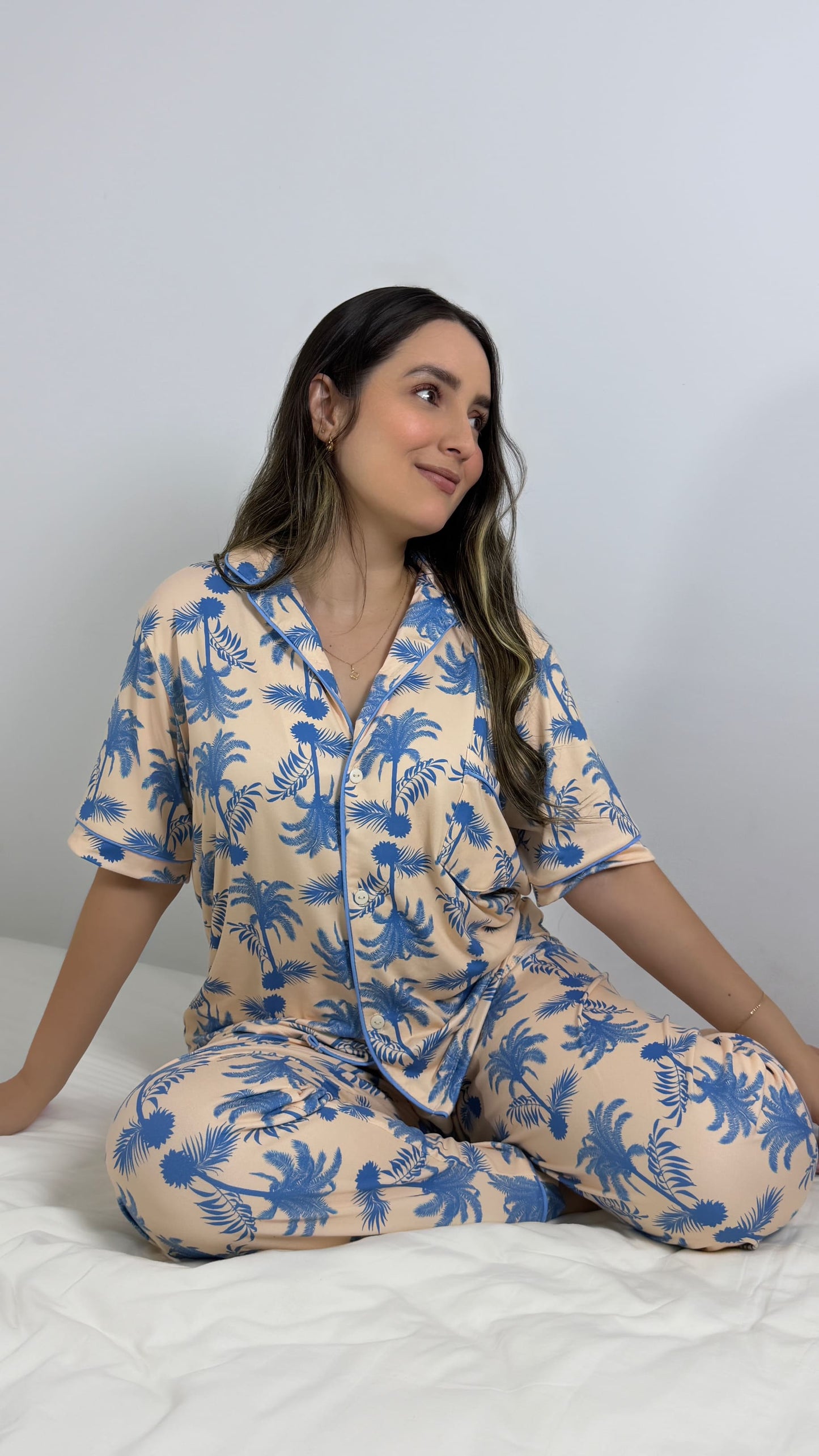 PIJAMA EN ALGODON PANTALON LARGO | AZUL CREMA