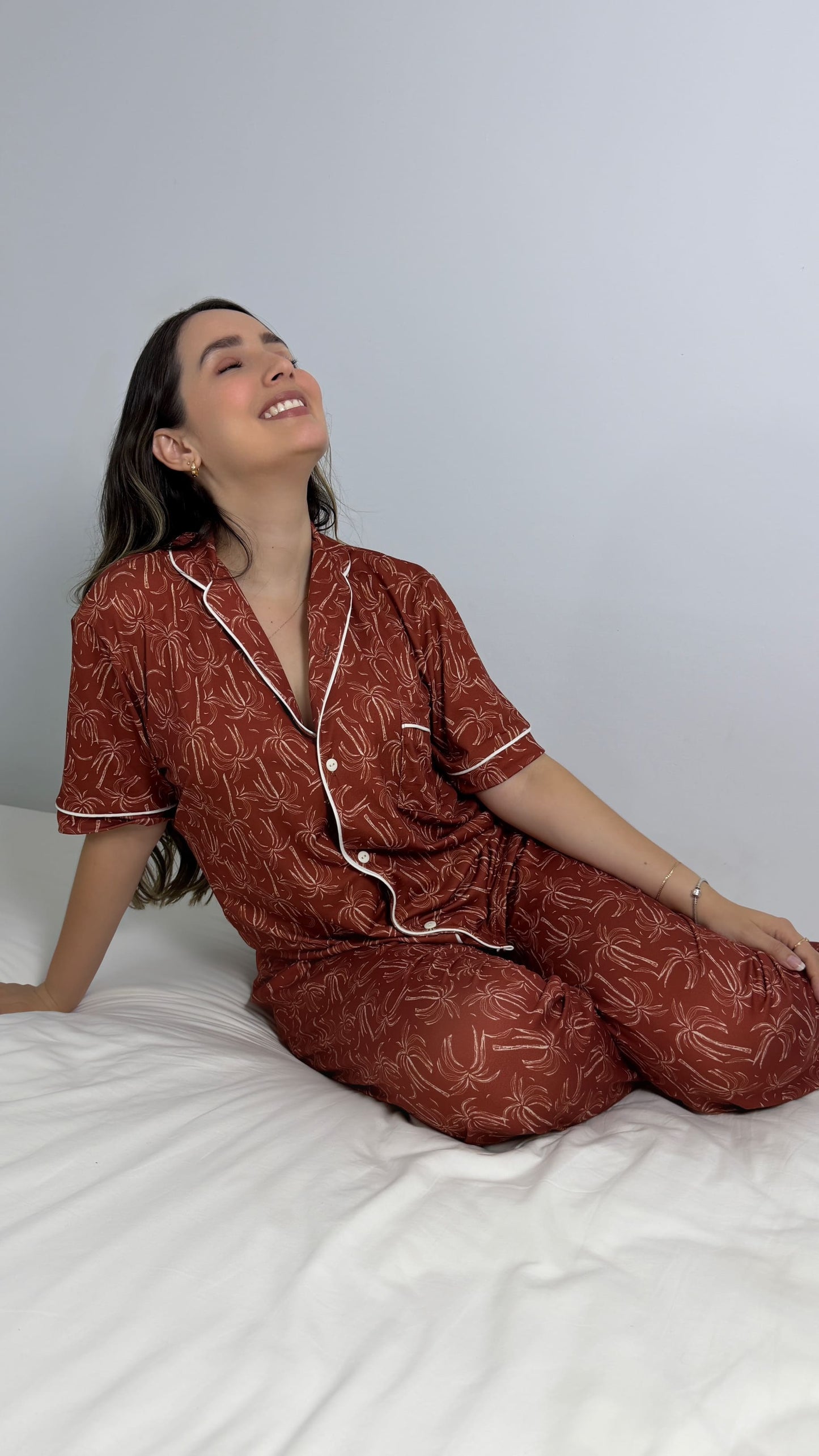 PIJAMA EN ALGODON PANTALON LARGO | TERRACOTA