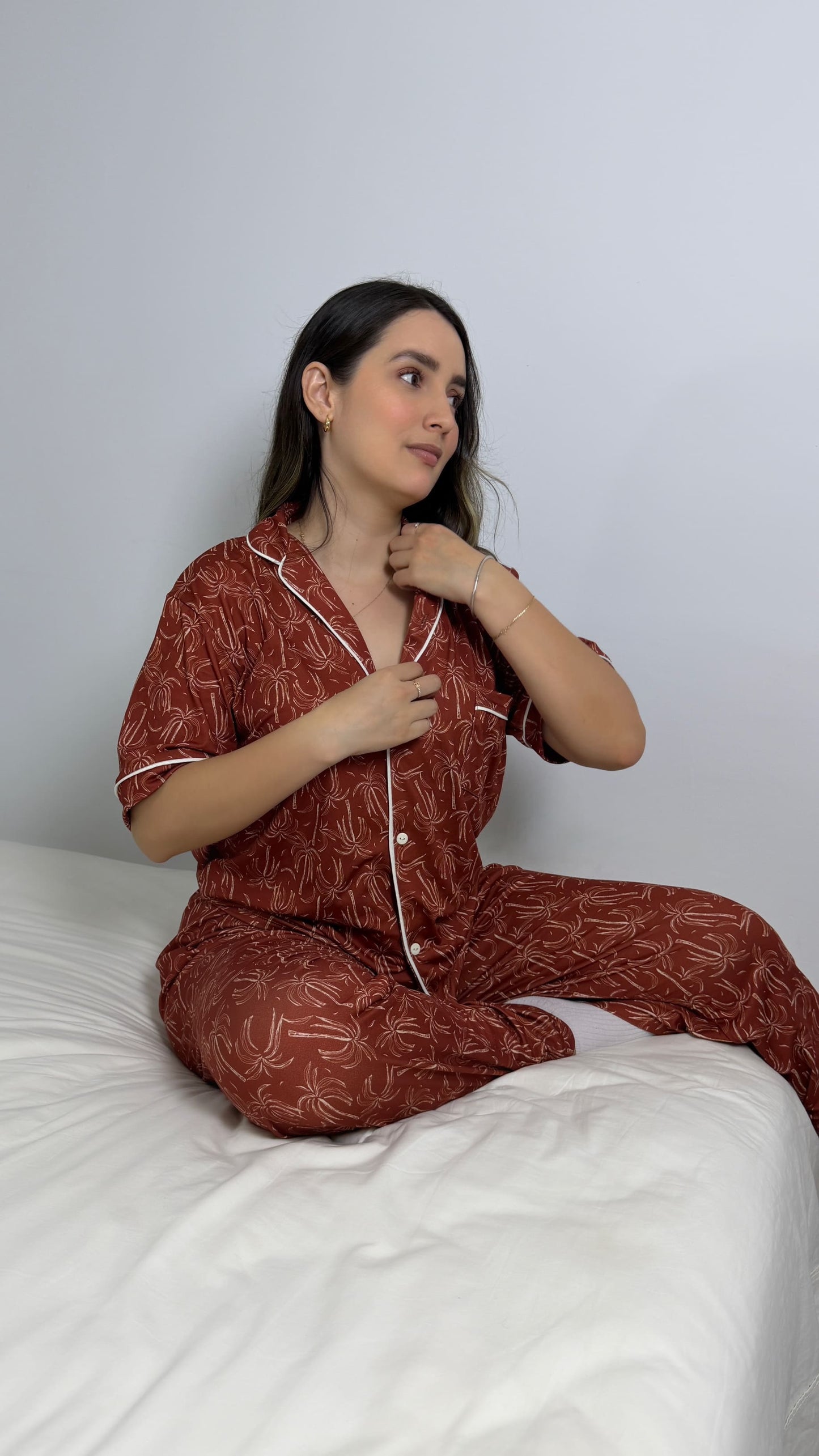 PIJAMA EN ALGODON PANTALON LARGO | TERRACOTA